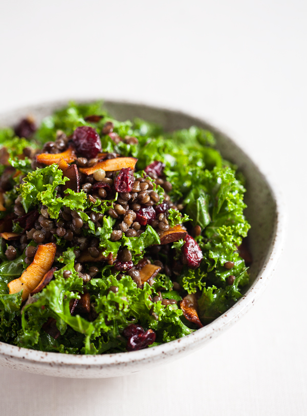 Festive Kale Salad with Cranberries, Lentils, and Coconut Bacon | The ...