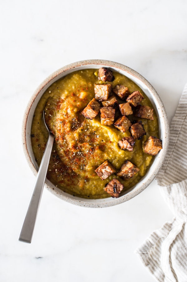 Vegan Split Pea Soup with Smoky Tempeh Croutons | The Full Helping