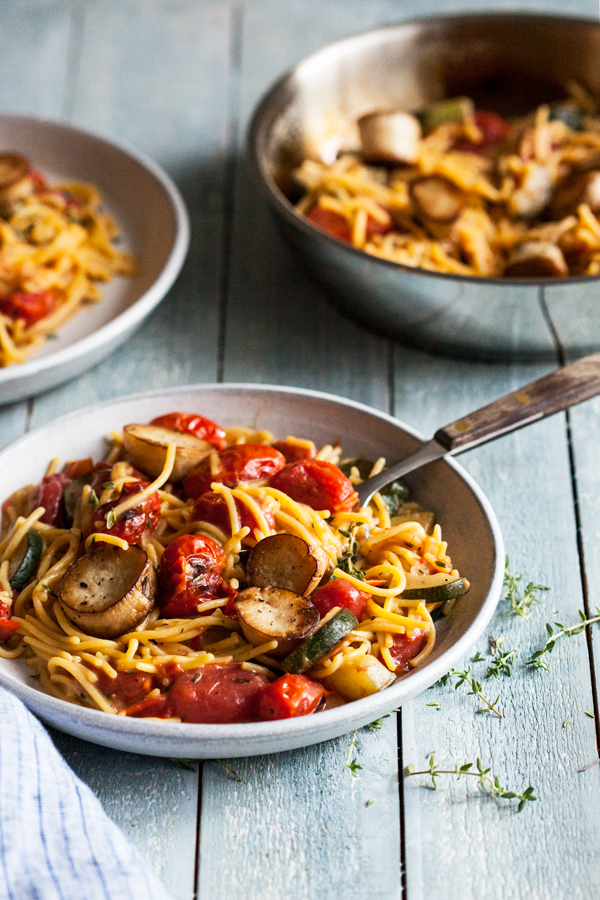 Summer Pasta with Mushroom Scallops, Burst Cherry Tomatoes & Zucchini | The  Full Helping