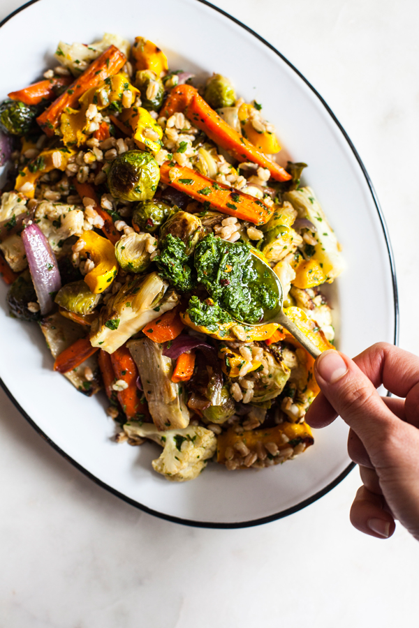 Farro & Roasted Vegetables with Italian Salsa Verde | The Full Helping