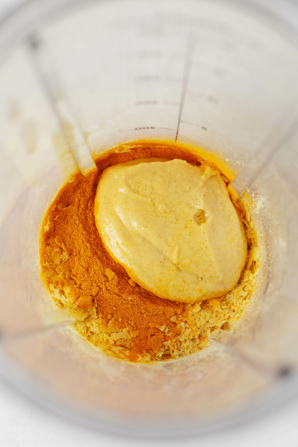 An overhead image of mustard and spices in a small, personal blender.